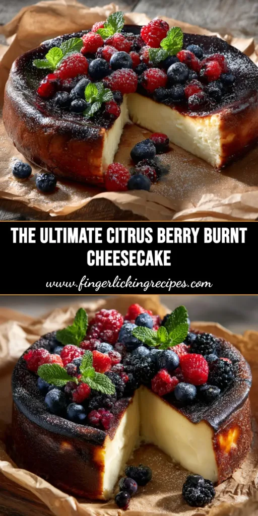 Citrus Berry Burnt Cheesecake: The Ultimate Creamy, Crustless Dessert 4 A stunning slice of Citrus Berry Burnt Cheesecake on a white plate, showcasing its creamy center and dark, caramelized top with fresh berries.