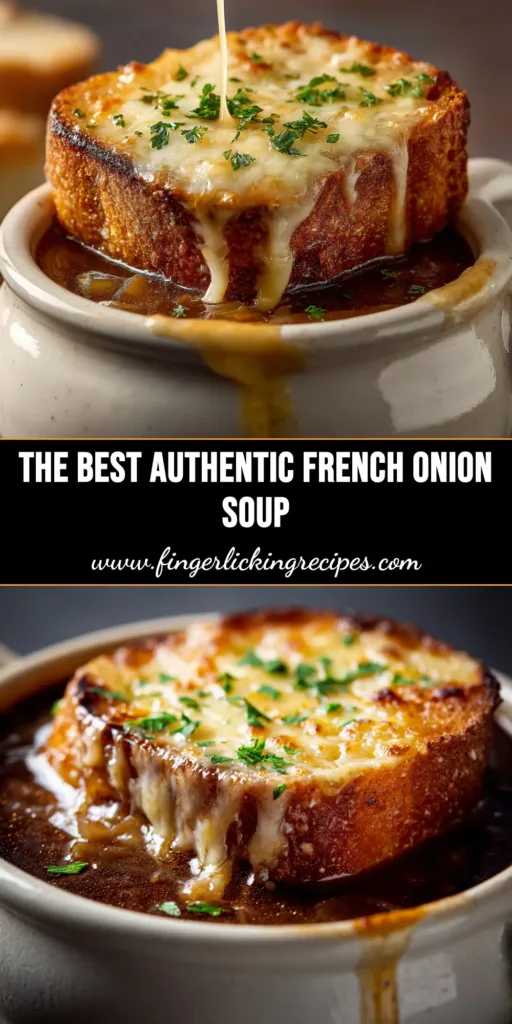 An overhead shot of a classic French Onion Soup recipe in a white, oven-safe bowl, with a perfectly melted, golden-brown Gruyère cheese crust and a spoon ready to dig in.