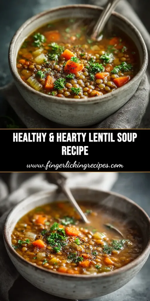 Classic Lentil Soup: A Simple and Hearty Recipe 5 A close-up shot of a rustic white bowl filled with classic lentil soup, garnished with fresh parsley. A metal spoon rests in the bowl.