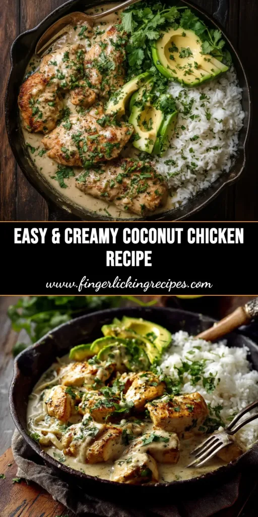 An overhead shot of a creamy coconut chicken recipe served in a white bowl, garnished with fresh cilantro. The perfect easy and flavorful weeknight dinner.