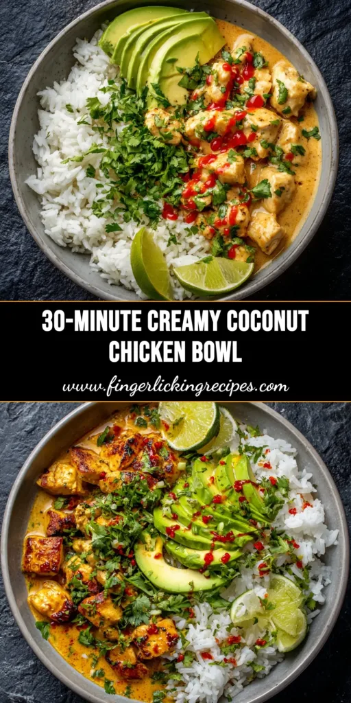 A delicious and easy Coconut Chicken Rice Bowl in a white bowl, topped with fresh cilantro and sesame seeds. The perfect weeknight dinner recipe.