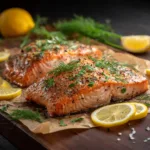 Two large fillets of perfectly baked salmon, showing the moist and flaky texture. The salmon is garnished with fresh dill and lemon.