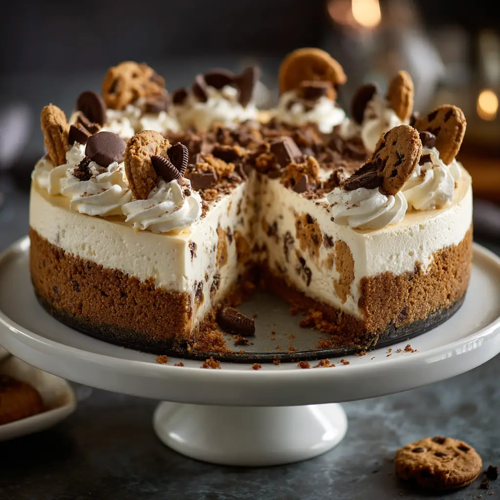 The creamy cheesecake batter in a mixing bowl with chunks of frozen edible cookie dough being folded in.