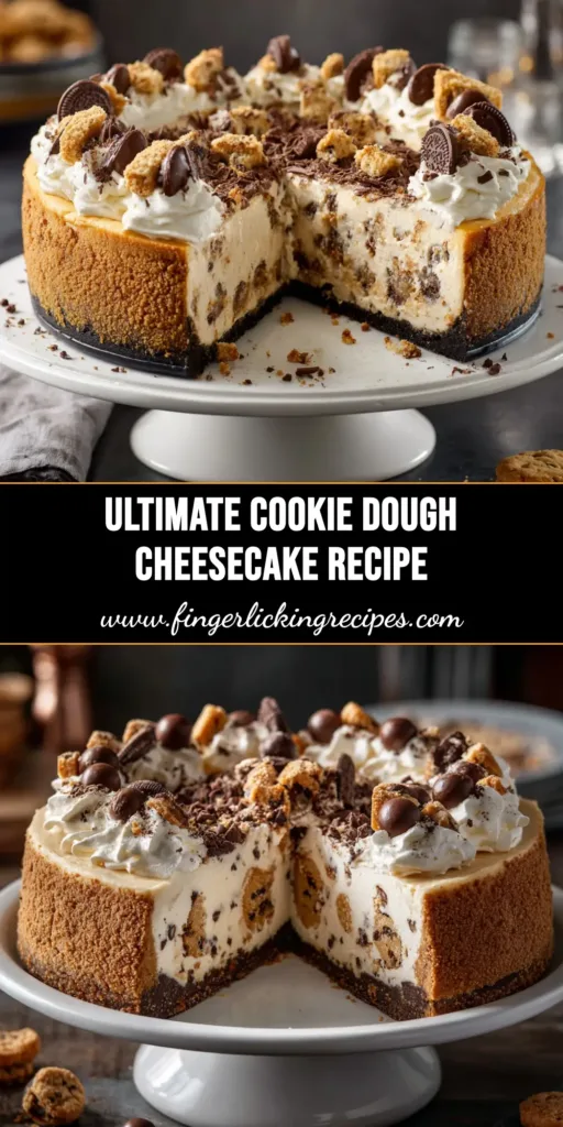 A decadent slice of cookie dough cheesecake on a white plate, showing chunks of cookie dough inside the creamy filling.