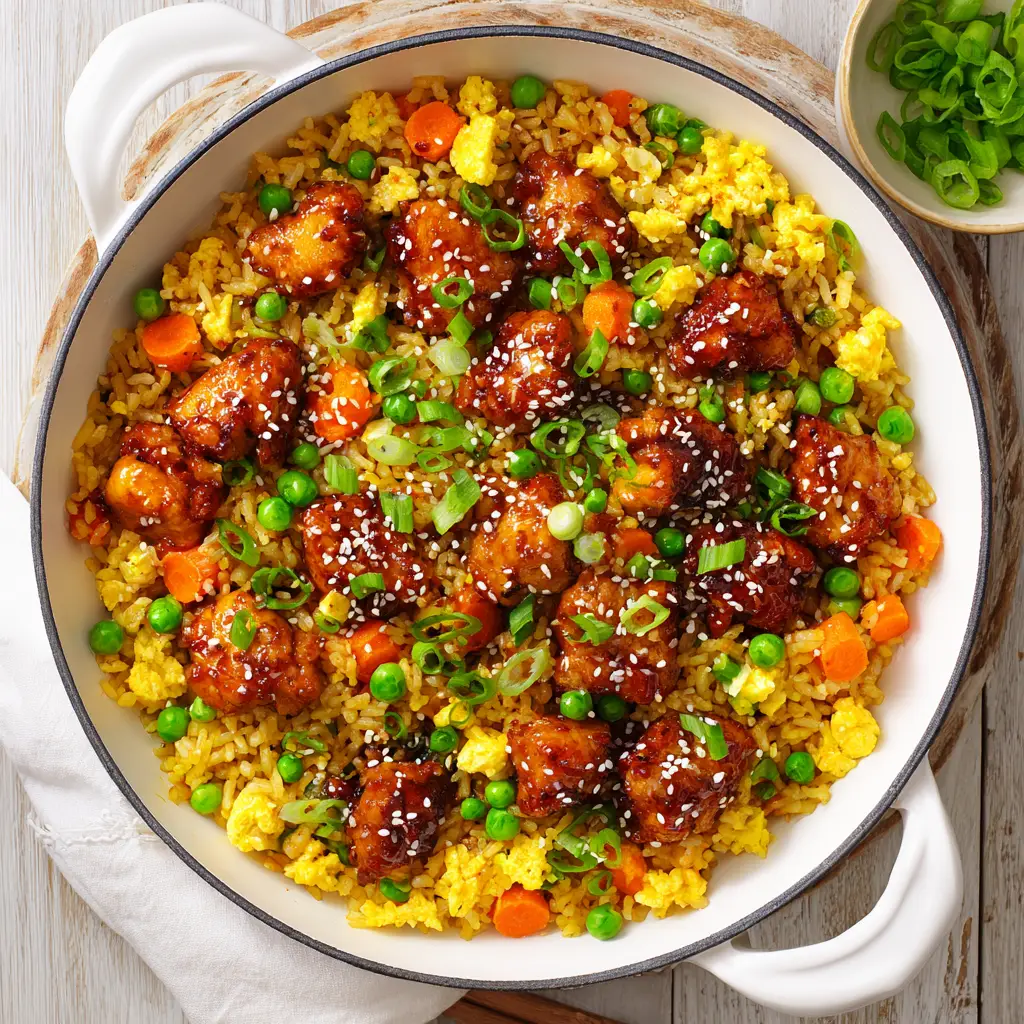 A skillet filled with freshly made Bang Bang Fried Rice, with a wooden spoon tossing the ingredients together. Shows the cooking process.