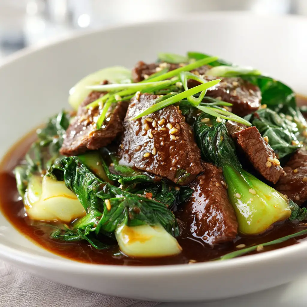 Beef and Bok Choy Stir Fry (Ready in 20 Minutes!) 2 A close-up of the finished Beef and Bok Choy Stir Fry being mixed in a wok, showing the crisp vegetables and glossy sauce.