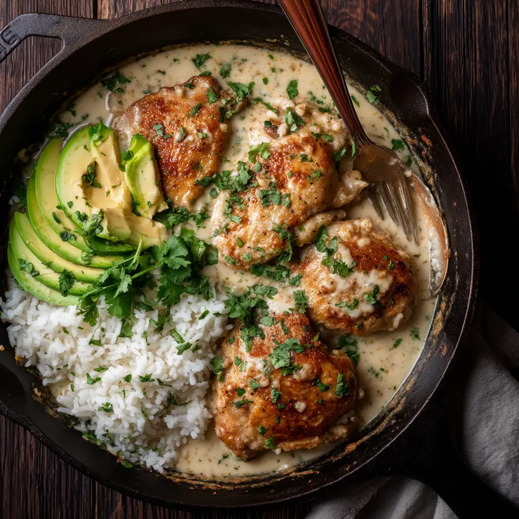 A step-by-step image showing chicken simmering in a creamy coconut sauce in a skillet, an essential part of this easy weeknight chicken dinner recipe.