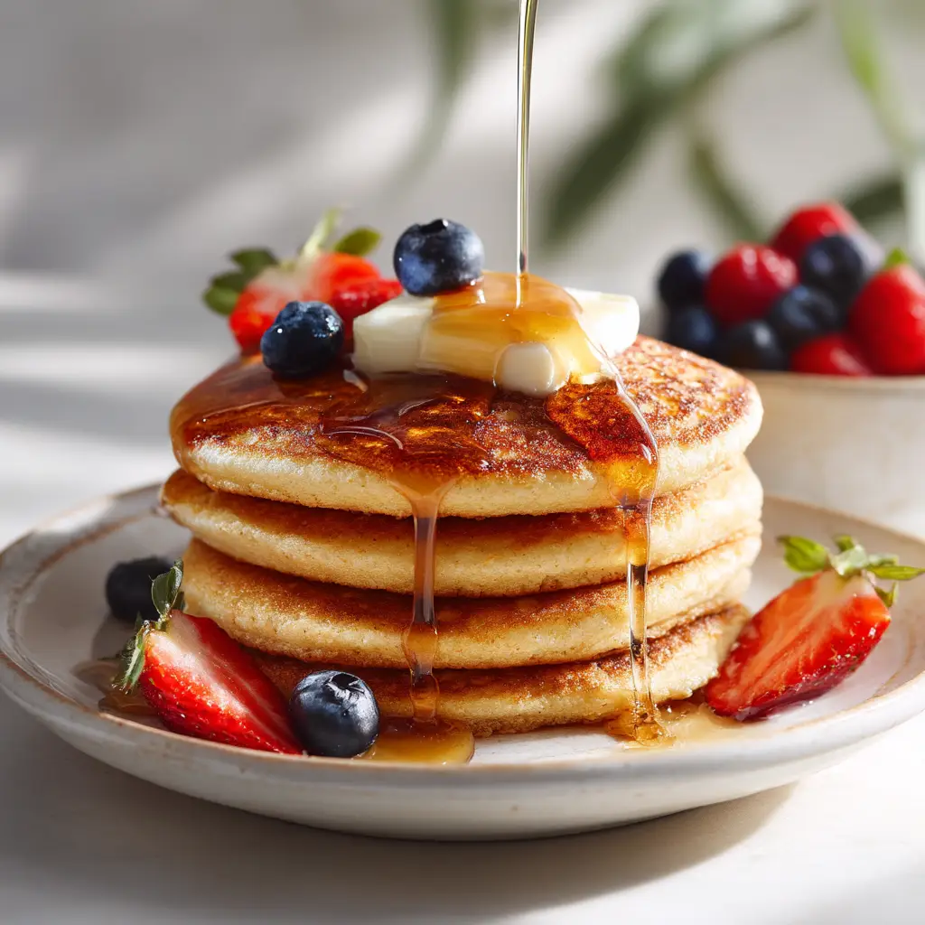 A cook pouring batter for low-carb pancakes onto a hot griddle, showing the thick consistency of the coconut flour batter after resting.