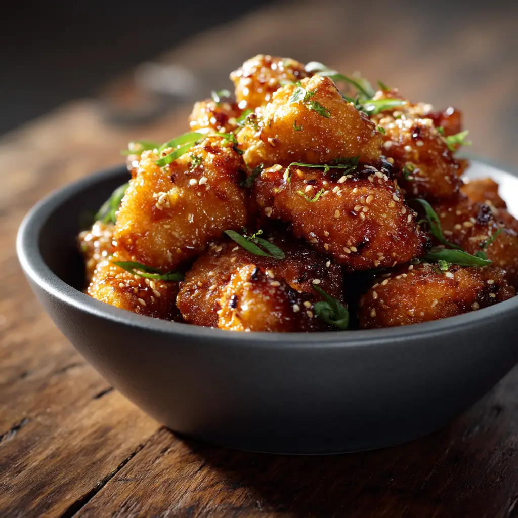 A close-up shot of pan-fried chicken bites being cooked to a golden-brown crisp in a large skillet.