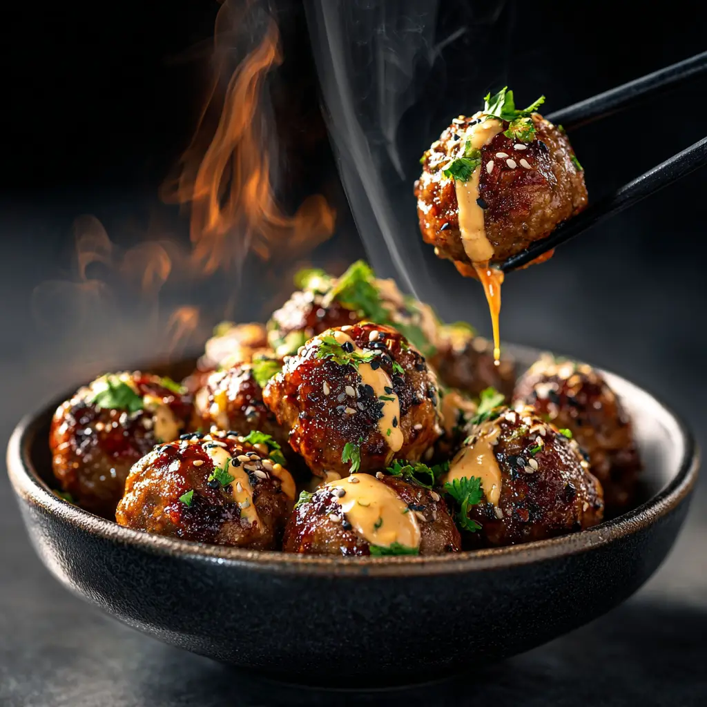 A skillet full of sweet and spicy Korean meatballs being tossed in the homemade BBQ sauce, with steam rising from the pan.