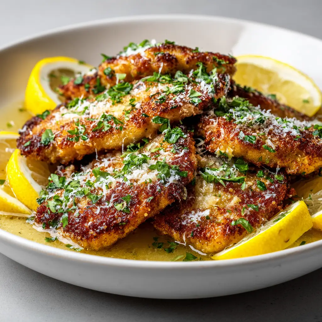 A step-by-step image showing chicken cutlets being pan-fried to a golden brown in a skillet for the Lemon Chicken Romano recipe.