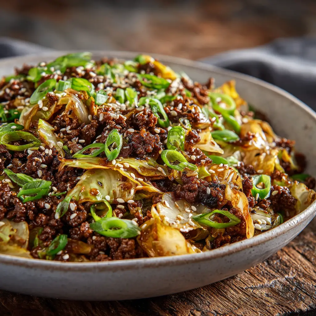 A cast-iron skillet filled with savory sugar-free Mongolian ground beef, showing the glossy sauce and minced aromatics.