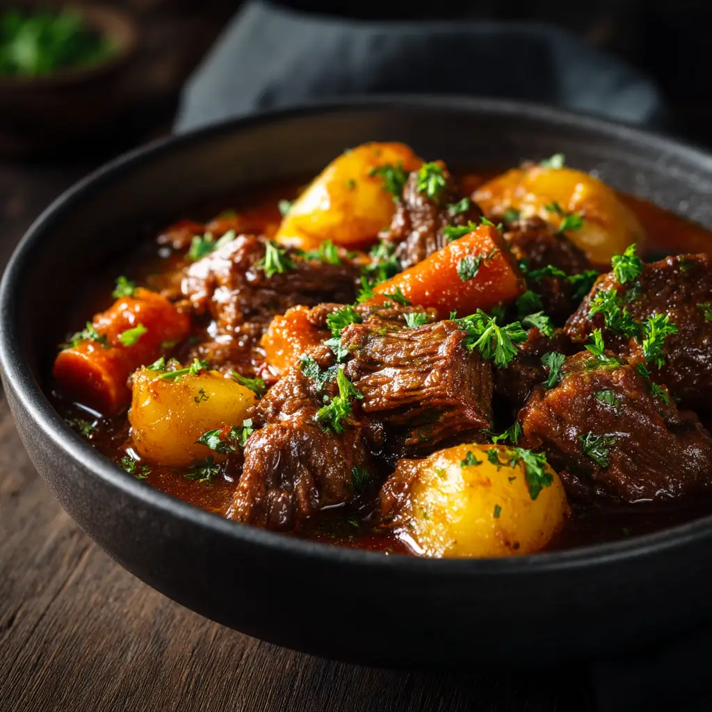 A Dutch oven filled with simmering Puerto Rican Beef Stew, with steam rising, highlighting the cooking process and the vibrant colors of the dish.