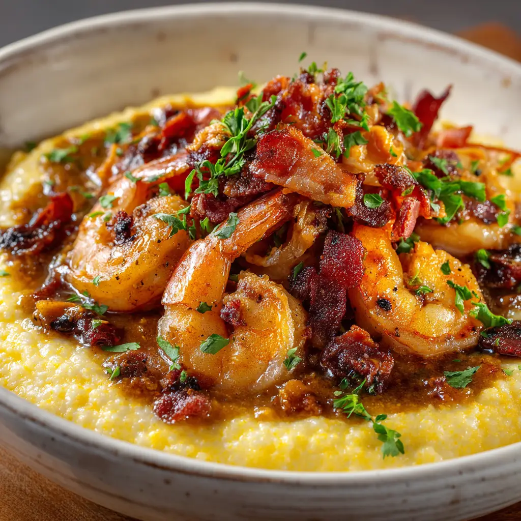 A step-by-step action shot showing shrimp being added to a skillet with a savory bacon and garlic sauce.