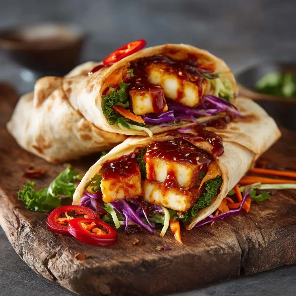 A close-up shot of the crispy pan-fried halloumi being glazed with sweet chili sauce in a skillet. The sauce is bubbling and coating the golden cheese.
