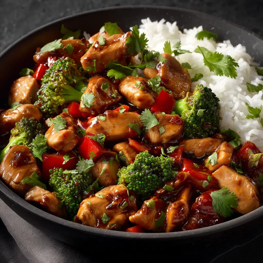 A pan of chicken and vegetable stir fry with a savory homemade teriyaki sauce being mixed together.