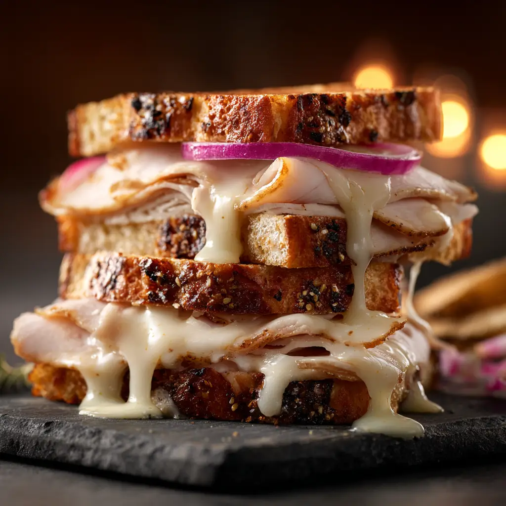 The process of making a Turkey Dijon Melt, showing the sandwich being grilled in a cast-iron skillet to golden-brown perfection.