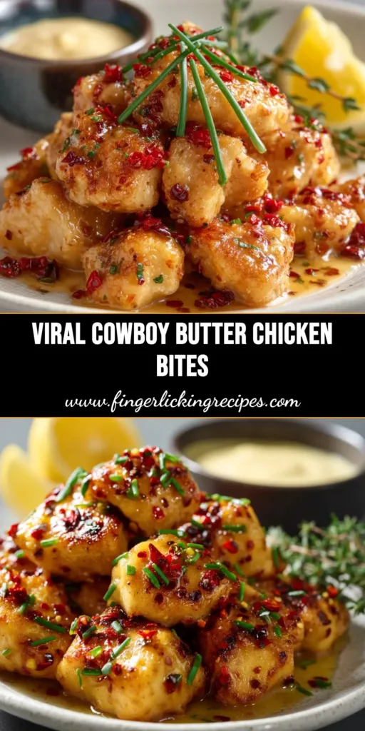A skillet full of golden-seared Cowboy Butter Chicken Bites, glistening in a savory garlic butter sauce and garnished with fresh herbs.