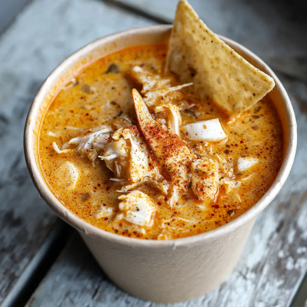 A spoonful of crab stew being lifted from a bowl, showcasing the thick and velvety consistency of the broth.