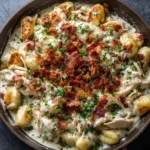 Crack Chicken Gnocchi: The Ultimate One-Pan Comfort Meal An extreme close-up overhead shot of Crack Chicken Gnocchi in a skillet, highlighting the creamy sauce, bacon, and fresh green onions.