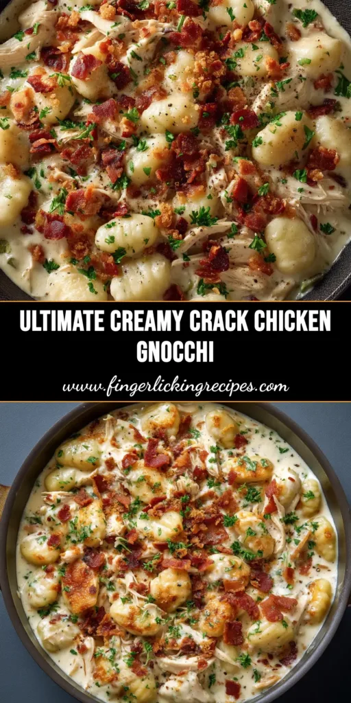 A shareable pin for the Crack Chicken Gnocchi recipe, showing the finished dish in a skillet with text overlay reading '30-Minute Crack Chicken Gnocchi'.