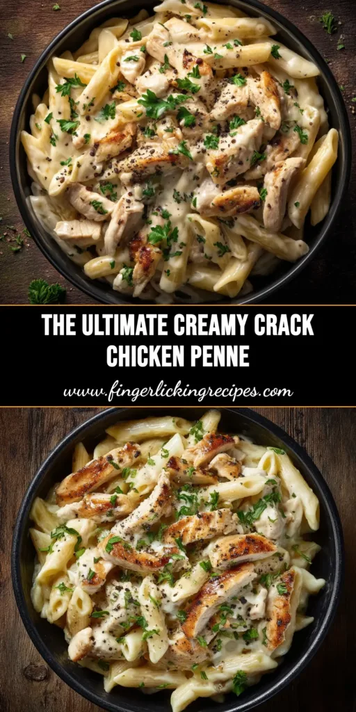 Crack Chicken Penne: The Ultimate One-Pot Comfort Meal 4 A large white bowl filled with creamy Crack Chicken Penne, garnished with crispy bacon and fresh green onions. The perfect one-pot weeknight dinner.