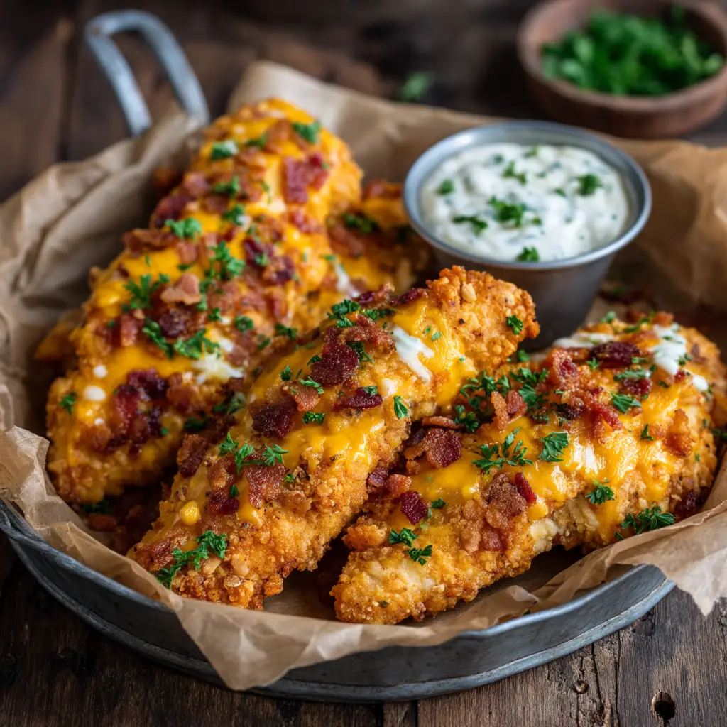 A close-up of a single crack chicken tender showing the melted cheese, bacon bits, and creamy ranch topping over the crispy breading.