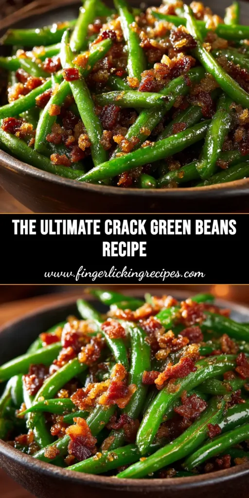 A top-down view of the finished Crack Green Beans Recipe in a serving dish, showing caramelized bacon and glistening green beans.