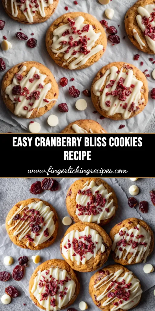 A close-up shot of several Cranberry Bliss Cookies arranged on a white plate, showing the creamy frosting, red cranberries, and white chocolate drizzle. The perfect Starbucks copycat recipe.