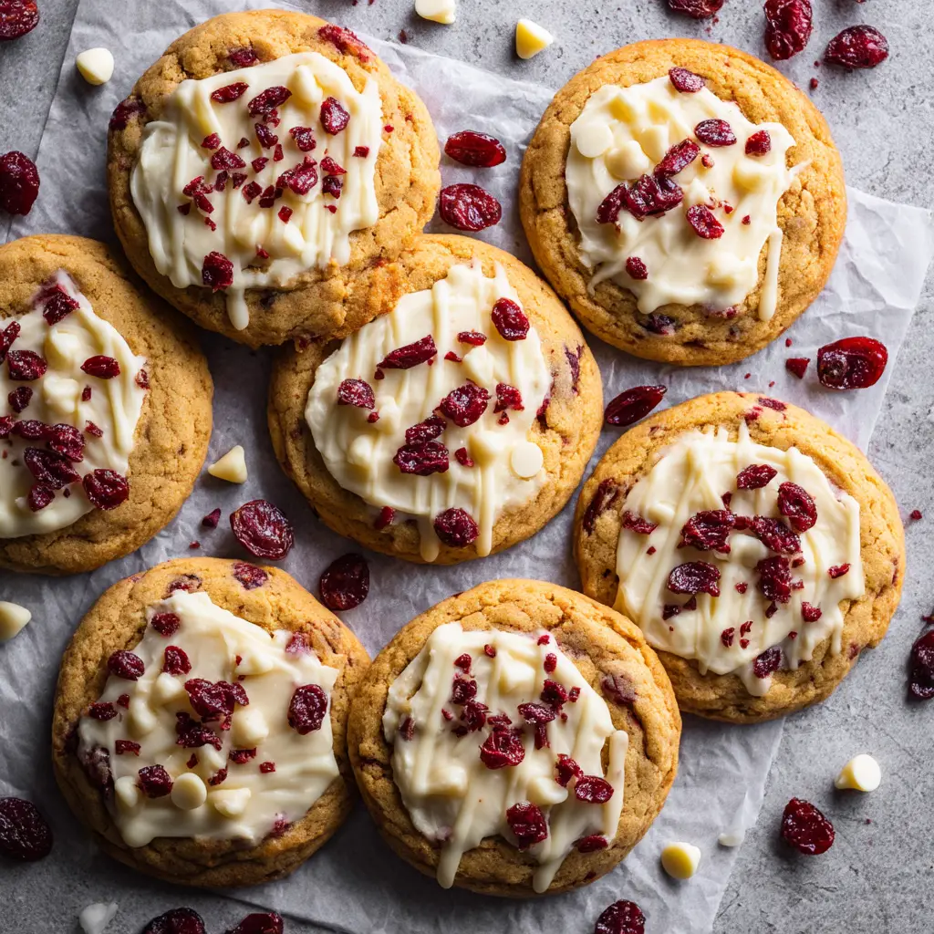 An overhead flat lay of freshly baked copycat Starbucks Cranberry Bliss Cookies cooling on a wire rack before being frosted.