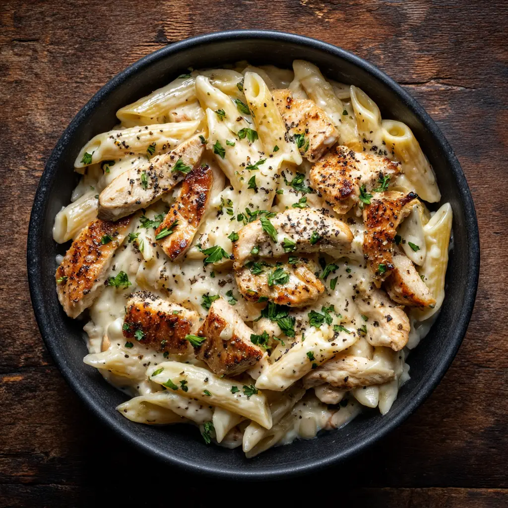 Crack Chicken Penne: The Ultimate One-Pot Comfort Meal 3 An overhead shot of a skillet containing creamy bacon ranch chicken pasta, showing the rich texture of the sauce before serving.