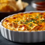 A close-up shot of hot and creamy baked buffalo chicken dip in a white baking dish, showing the melted cheese and shredded chicken.