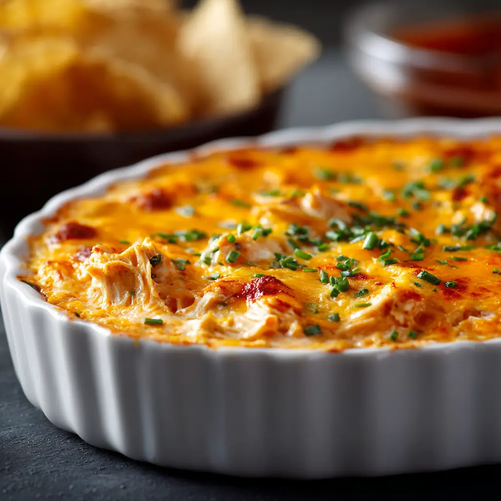 Buffalo Chicken Dip: The Ultimate Creamy & Spicy Recipe 3 A close-up shot of hot and creamy baked buffalo chicken dip in a white baking dish, showing the melted cheese and shredded chicken.