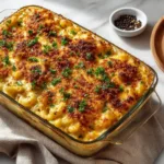 A close-up high-angle shot of creamy baked macaroni and cheese in a rectangular dish, highlighting the rich and bubbly cheese sauce.