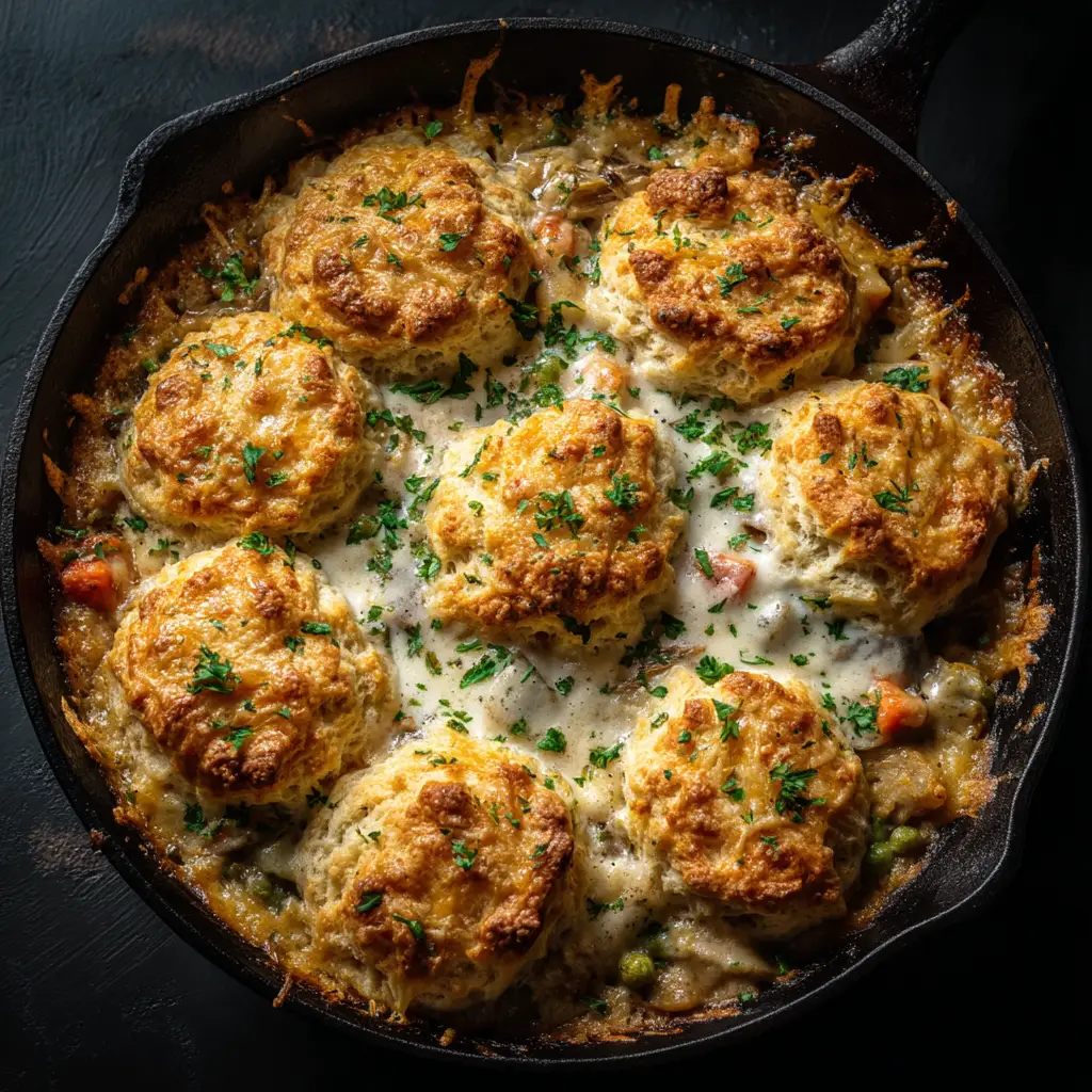 A serving of the Red Lobster Biscuit Chicken Pot Pie on a plate, revealing the creamy chicken and vegetable filling inside.