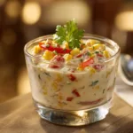 A close-up shot of the creamy taco dip, showcasing its thick texture with specks of green onion and cheese.