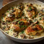 A close-up shot of creamy Boursin chicken in a pan, with the rich, herby sauce coating a juicy chicken breast.