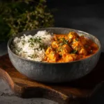 Butter Chicken Recipe (Easy & Authentic Murgh Makhani) A close-up shot of creamy butter chicken being served from a large pot, showing its rich and velvety tomato gravy.