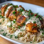 A close-up shot of a serving of creamy Cajun chicken on a plate, showcasing the velvety texture of the sauce and the perfectly seared chicken breast.