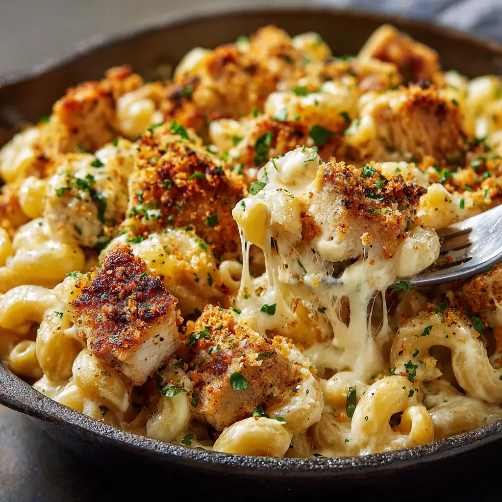 Cajun Chicken Mac and Cheese: The Ultimate Creamy & Spicy Pasta 3 A close-up shot of a fork lifting a scoop of Cajun chicken mac and cheese from a skillet. The cheese sauce is visibly creamy and clinging to the pasta.