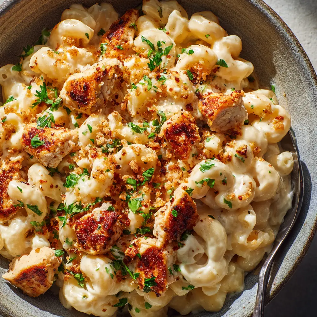 A close-up shot of a fork lifting a bite of creamy Cajun pasta, showcasing the melted cheese and tender pieces of chicken.