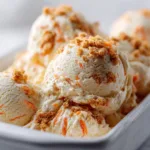 An extreme close-up of multiple scoops of homemade carrot cake ice cream in a bowl, highlighting the creamy texture and mix-ins.