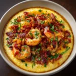 Shrimp and Grits Recipe (The Ultimate Southern Classic) An extreme close-up of creamy, cheesy grits topped with perfectly cooked shrimp and a savory sauce in a white bowl.