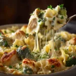 A close-up spoonful of cheesy chicken and broccoli pasta bake, showing the creamy homemade Alfredo sauce.