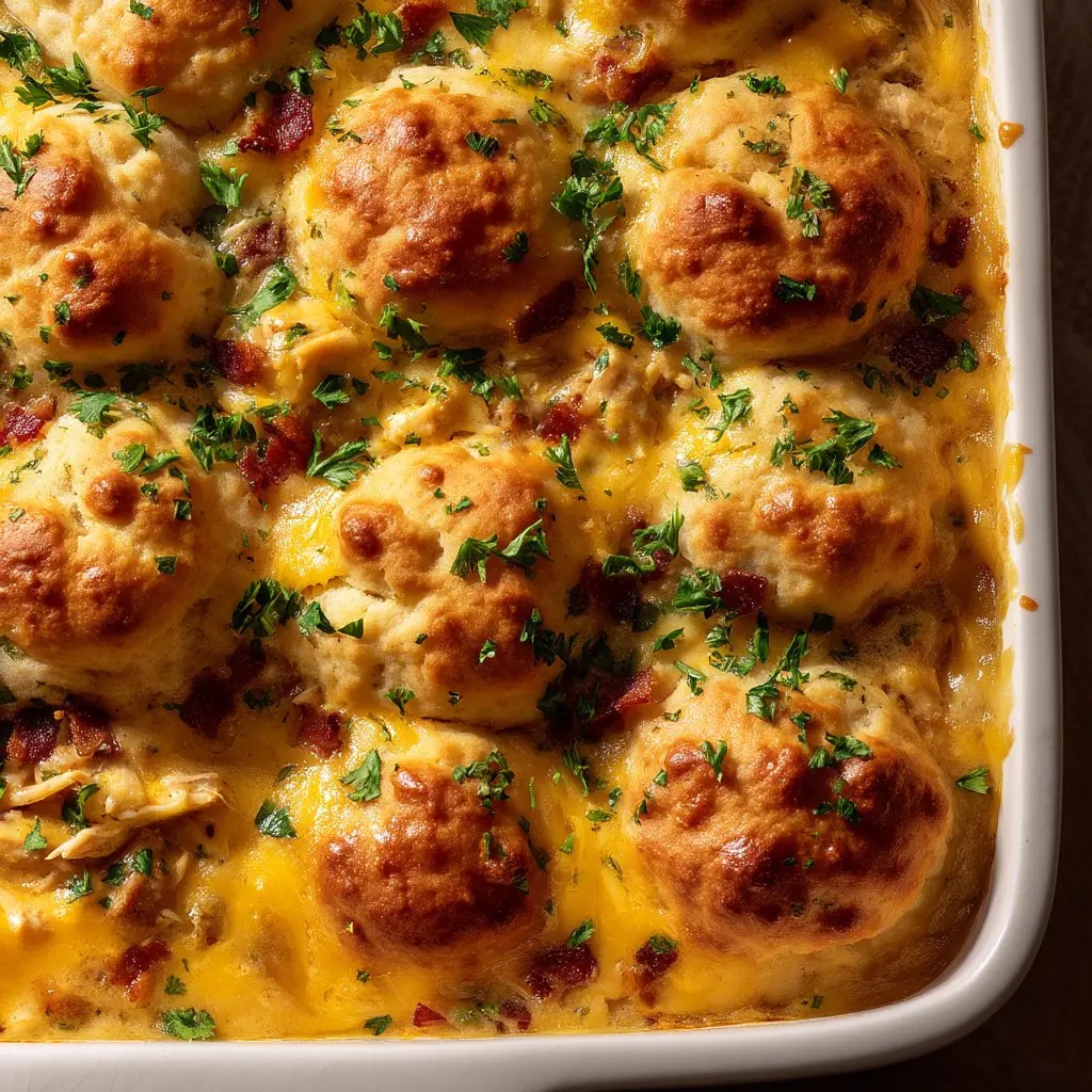 A serving of the creamy chicken bubble up bake on a white plate, garnished with fresh parsley. The layers of chicken filling and biscuit are visible.
