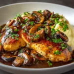 A close-up image of creamy chicken marsala in a pan, highlighting the golden-brown seared chicken and sautéed cremini mushrooms.
