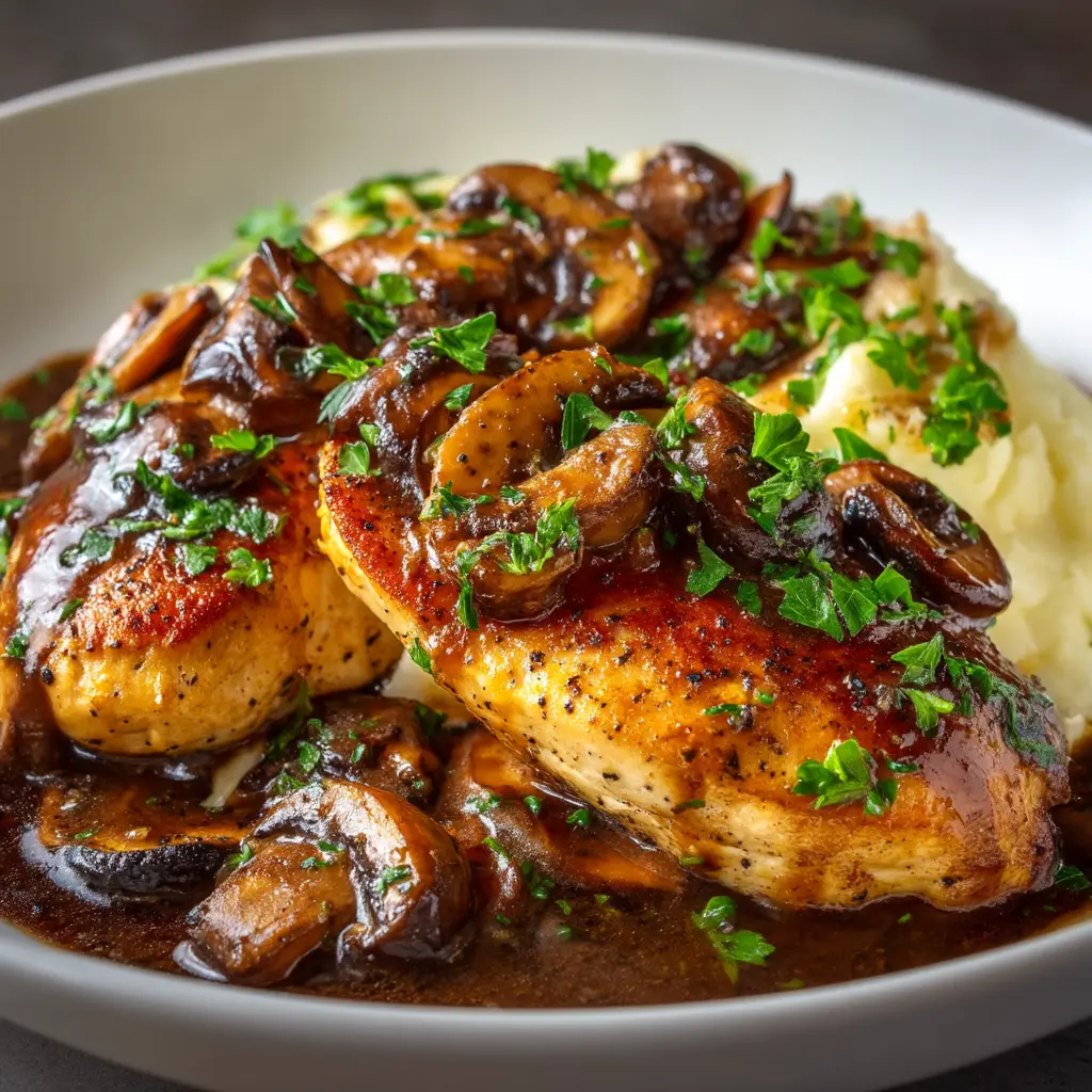 A close-up image of creamy chicken marsala in a pan, highlighting the golden-brown seared chicken and sautéed cremini mushrooms.