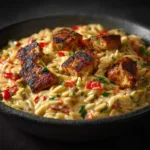 A close-up shot of a spoonful of creamy chicken orzo pasta, showing the tender chicken pieces and rich sauce.