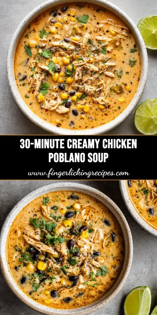 A bowl of creamy Chicken Poblano Soup garnished with fresh cilantro and tortilla strips, with a spoon ready to dig in. The perfect easy and flavorful weeknight dinner recipe.
