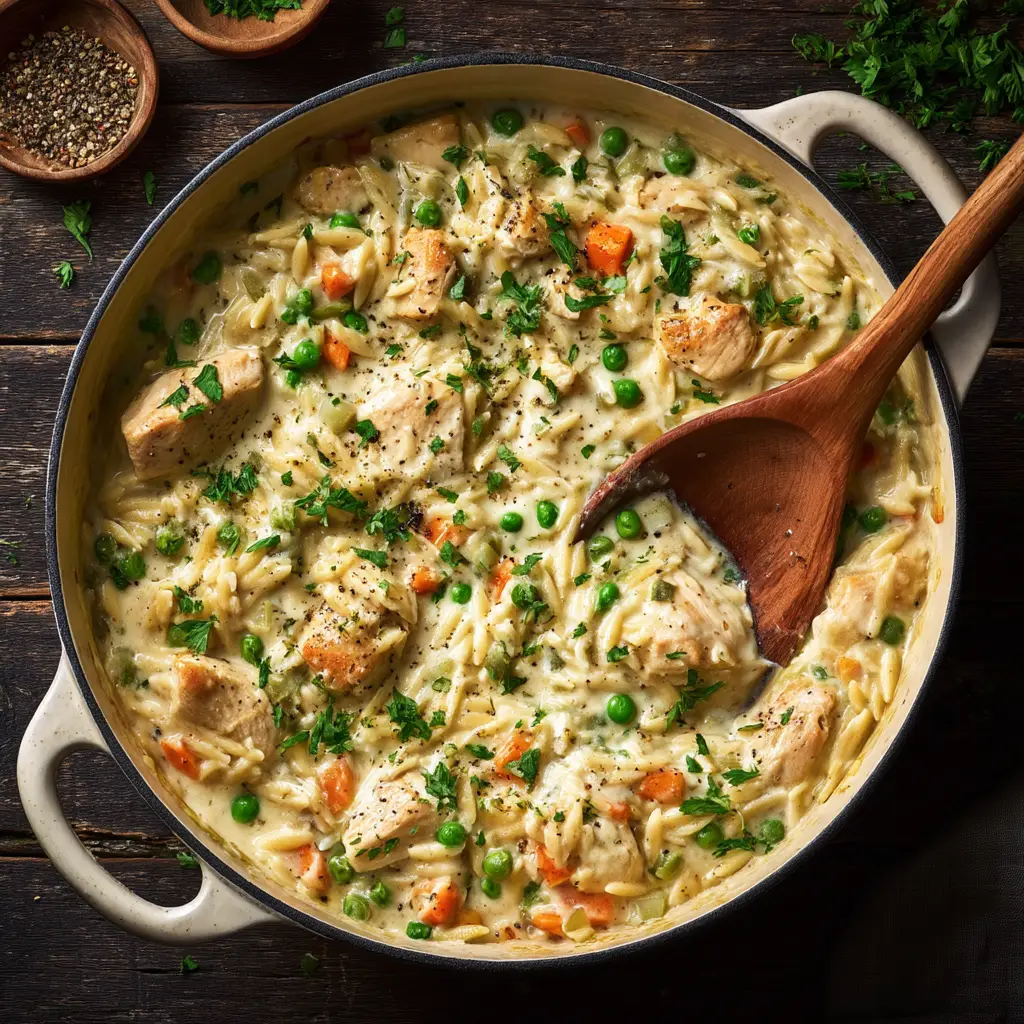 A close-up action shot of a spoon scooping creamy chicken pot pie orzo from a bowl, highlighting the texture of the dish.